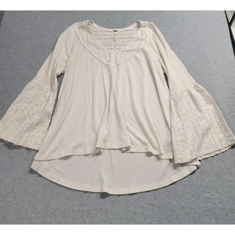 Free People Ivory Thermal Waffle Knit Bell Sleeve Eyelet Lace Top Size XS‎